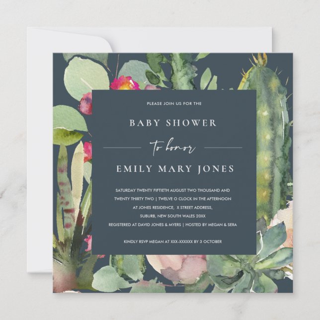 INVITATION BABY SHOWER DE FOLIAGE CACTI ROY FLORAL DESERT (Devant)