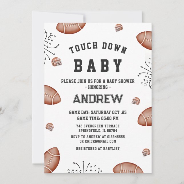 Invitation Baby shower de football américain Touchdown person (Devant)