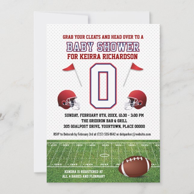 Invitation Baby shower de football bleu et rouge (Devant)