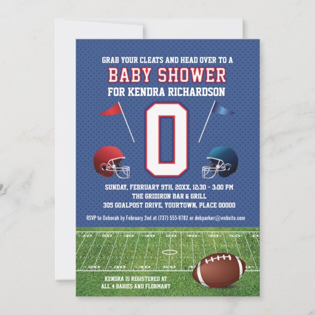 Invitation Baby shower de football rouge et bleu (Devant)