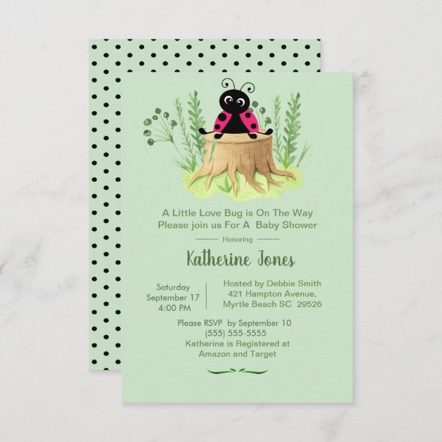 Invitation Baby shower de forêt de coccinte rose (Devant / Derrière)