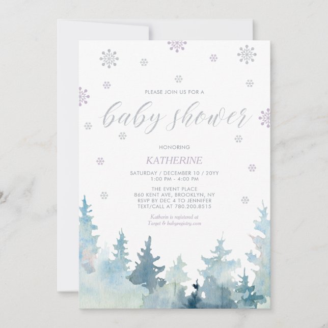 Invitation Baby shower de forêt d'hiver Silver Purple (Devant)