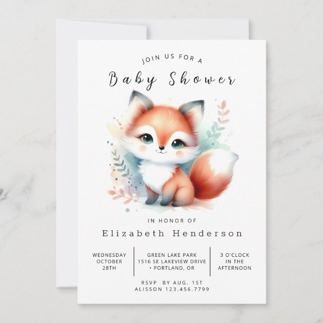 Invitation Baby shower de Fox animal de forêt calme (Devant)
