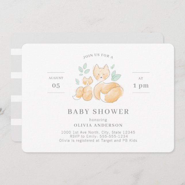 Invitation Baby shower de Fox aquarelle (Devant / Derrière)