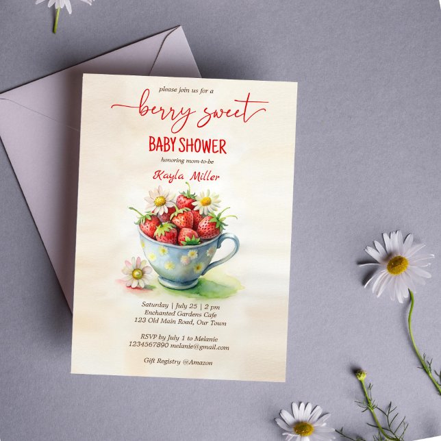 Invitation Baby shower de fraise Berry (Berry sweet strawberry baby shower invitation template cute cup with daisies and strawberries)