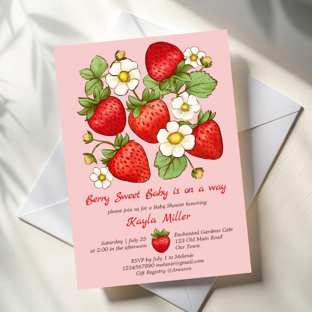 Invitation Baby shower de fraise Berry (Berry sweet strawberry baby shower invitation editable template retro strawberries cute invite)