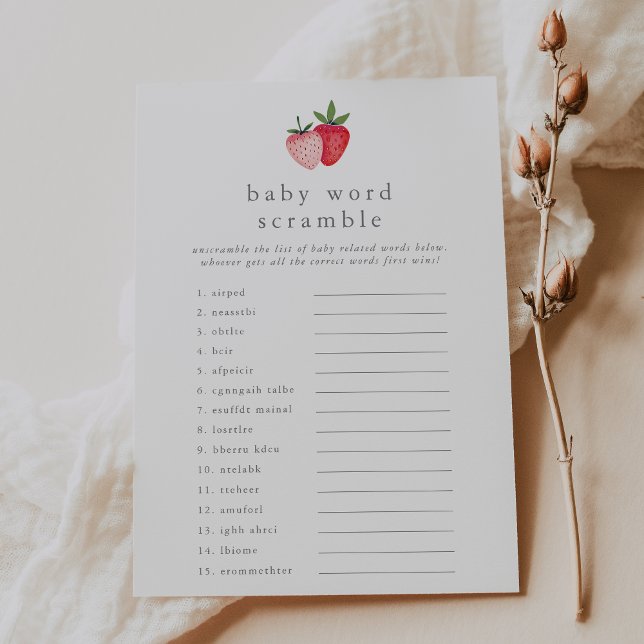 Invitation Baby shower de fraise HEIDI Jeu de rugissement (HEIDI Strawberry Baby Shower Word Scramble Game Invitation)