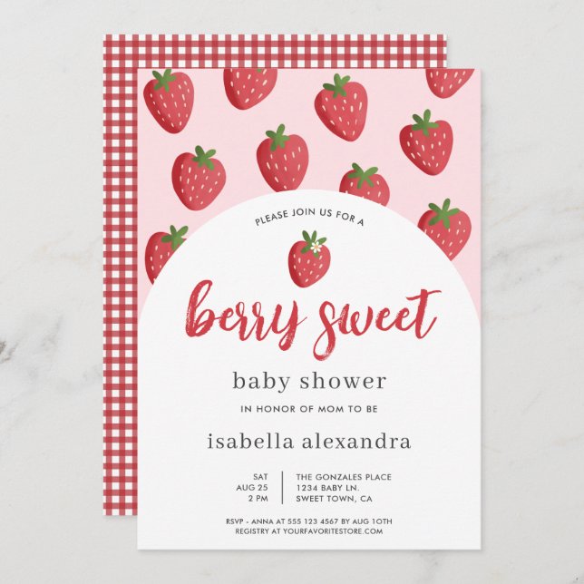 Invitation Baby shower de fraise rose (Devant / Derrière)