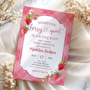 Invitation Baby shower de fraise rose Fille douce Berry Plaid