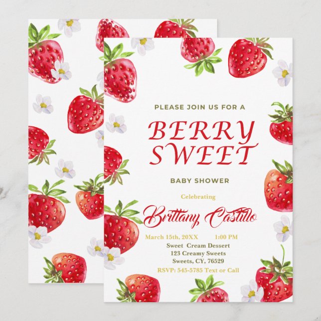 Invitation Baby shower de fraises sucrées (Devant / Derrière)