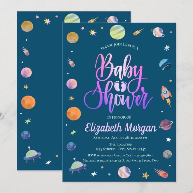 Invitation Baby shower de galaxie spatiale (Devant / Derrière)