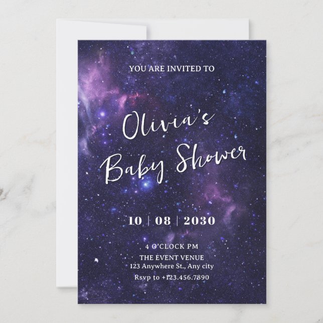 Invitation Baby shower de galaxie spatiale violette (Devant)