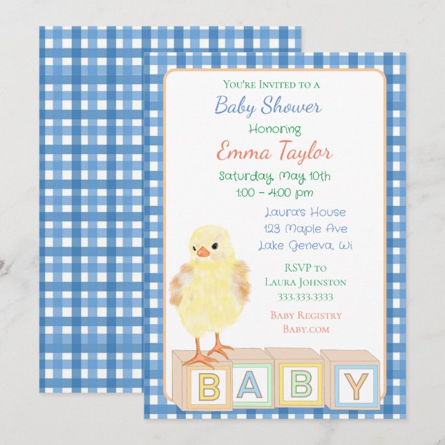 Invitation Baby shower de garçon avec poussette et blocs pour (Devant / Derrière)