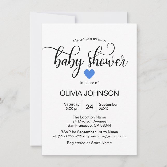 Invitation Baby shower de garçon blanc de coeur bleu personna (Devant)