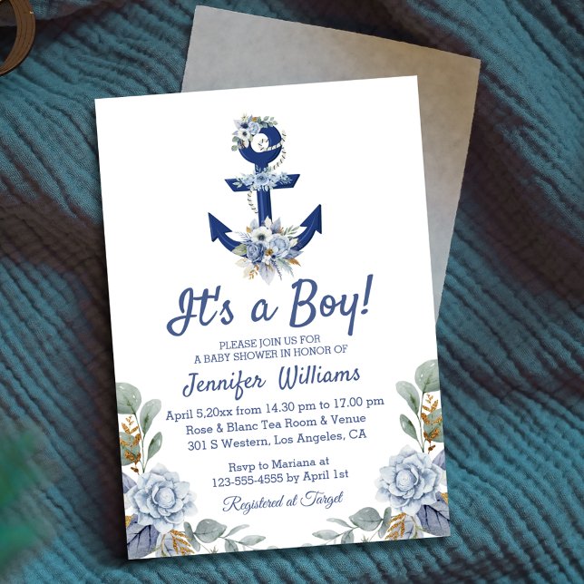 Invitation baby shower de garçon bleu floral élégant (Créateur téléchargé)