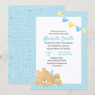 Invitation Baby shower de garçon Bleu mou Teddy Bear