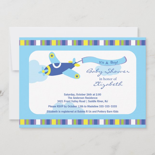 Invitation Baby shower de garçon d'avion bleu mou (Devant)