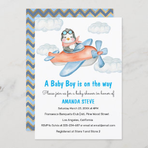 Invitation Baby shower de garçon d'avion Blue Peng