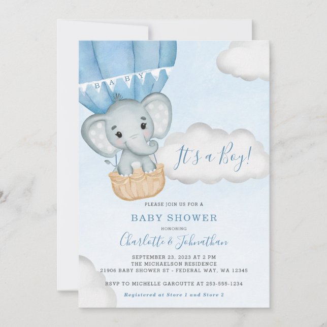 Invitation Baby shower de garçon de ballons bleu éléphant (Devant)