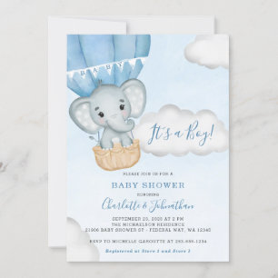 Invitation Baby shower de garçon de ballons bleu éléphant