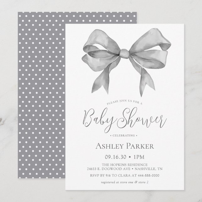 Invitation Baby shower de Garçon de Grey Bow (Devant / Derrière)