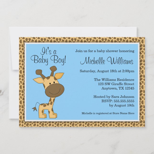 Invitation Baby shower de garçon de la Girafe Bleue (Devant)