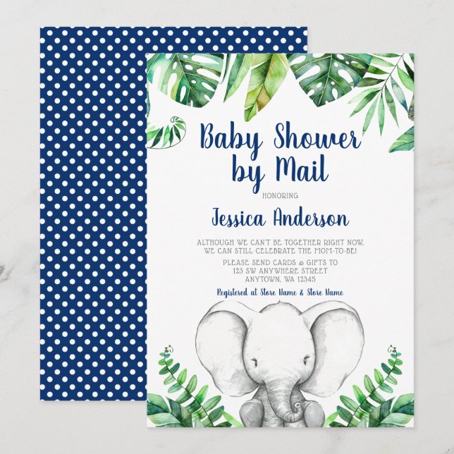 Invitation Baby shower de garçon de la marine Jungle Elephant (Devant / Derrière)