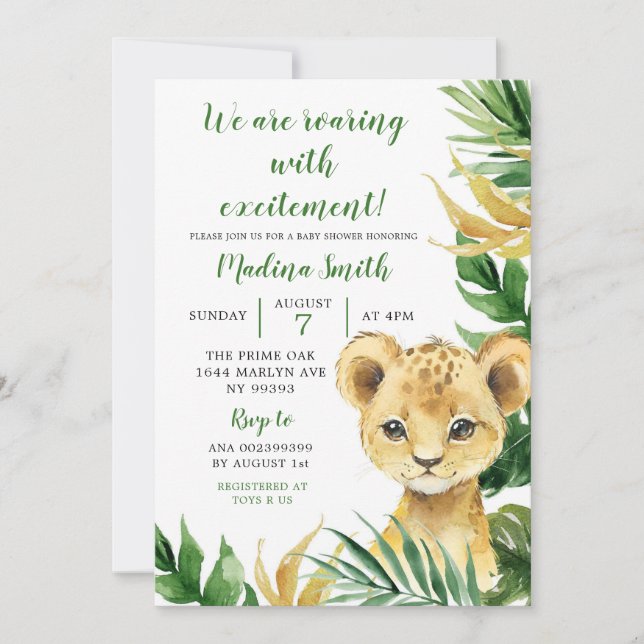 Invitation Baby shower de garçon de Lion Tropical (Devant)