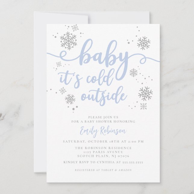 Invitation Baby shower de garçon d'hiver moderne Blue Snowfla (Devant)