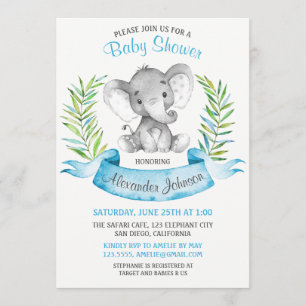 Invitation Baby shower de garçon Elephant aquarelle