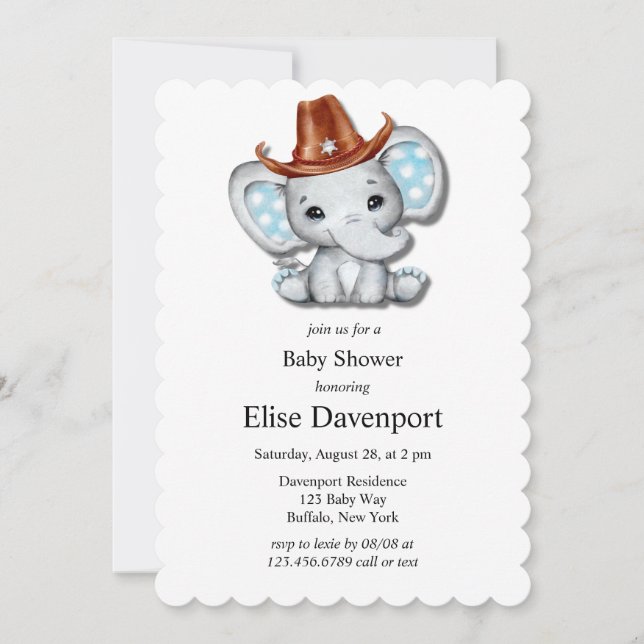 Invitation Baby shower de garçon éléphant Cowboy (Devant)
