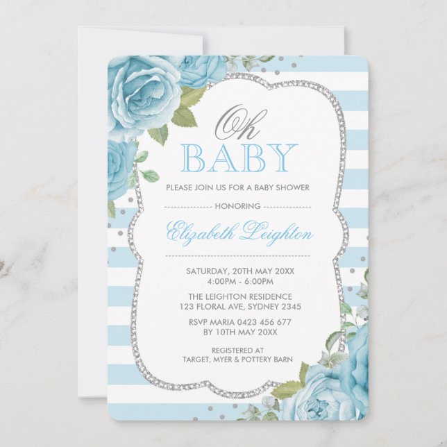 Invitation Baby shower de garçon floral argent ble (Devant)