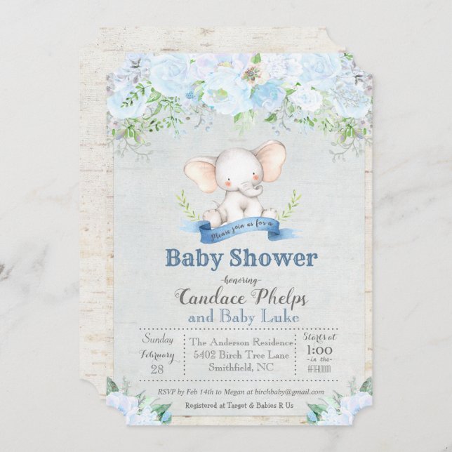 Invitation Baby shower de garçon floral éléphant (Devant / Derrière)
