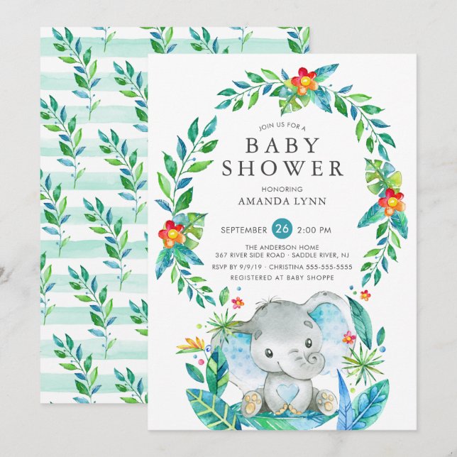 Invitation Baby shower de garçon Jungle Blue Elephant (Devant / Derrière)