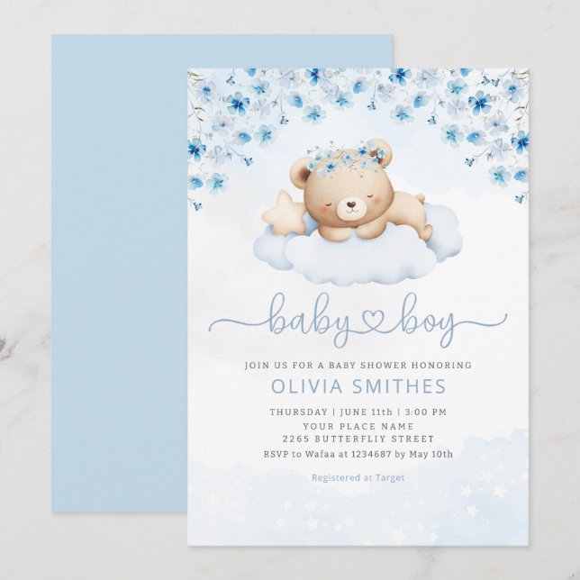 Invitation Baby shower de garçon moderne Blue Boho Teddy Bear (Devant / Derrière)