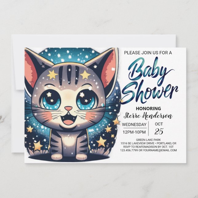 Invitation Baby shower de garçon modifiable de chats Whimsica (Devant)