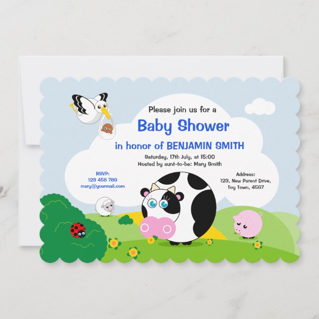 Invitation Baby shower de garçon noir : Vache noire et blanch (Devant)