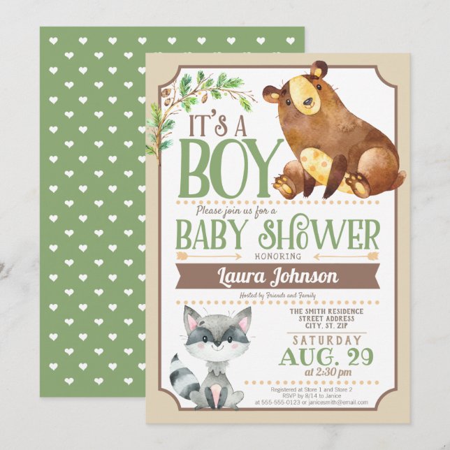 Invitation Baby shower de garçon Ours et Raccoon Woodland (Devant / Derrière)