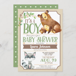 Invitation Baby shower de garçon Ours et Raccoon Woodland