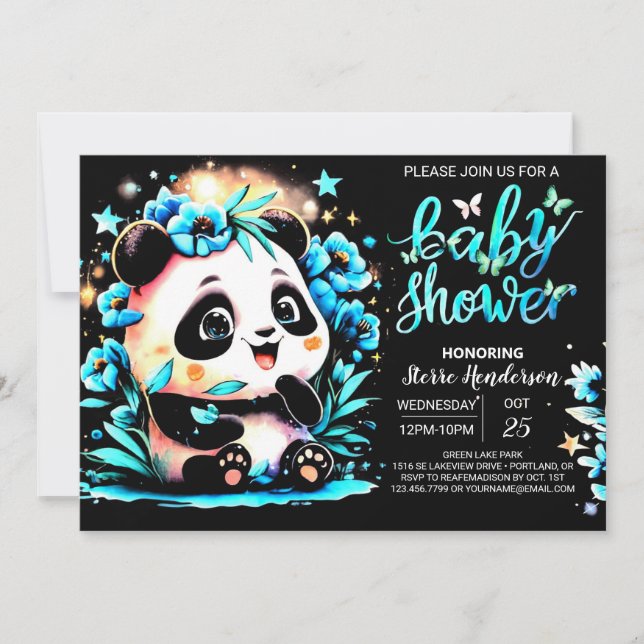 Invitation Baby shower de garçon Panda en bambou bleu moderne (Devant)