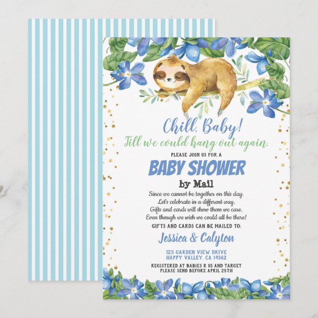 Invitation Baby shower de garçon par mail fleur bleu paresse (Devant / Derrière)