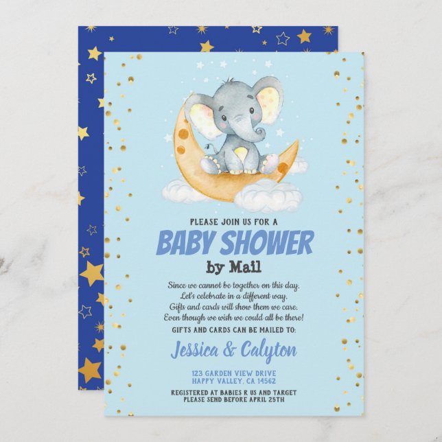 Invitation Baby shower de garçon par mail lune d'éléphant et  (Devant / Derrière)