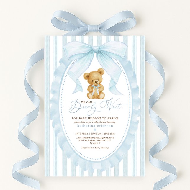 Invitation Baby shower de garçon Preppy Blue Teddy Bear (Créateur téléchargé)