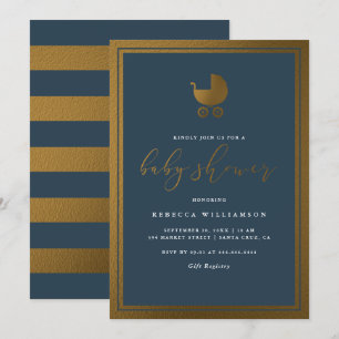 Invitation Baby shower de garçons Blue & Gold Pram de la mari
