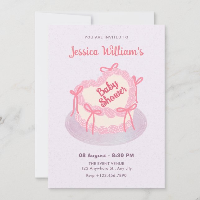 Invitation Baby shower de gâteau de coeur rose violet (Devant)