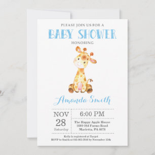 Invitation Baby shower de Girafe Bleu et gris