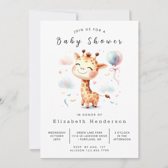 Invitation Baby shower de girafe editable enchanté (Devant)
