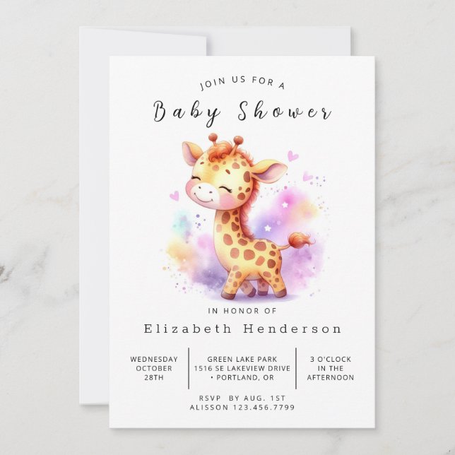 Invitation Baby shower de girafe editable enchanté (Devant)