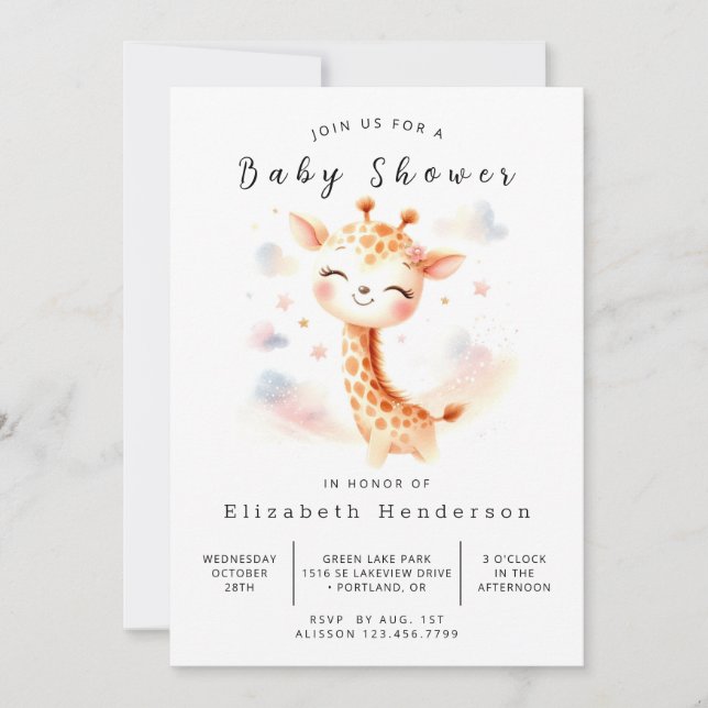 Invitation Baby shower de girafe en ligne Aquarelle (Devant)