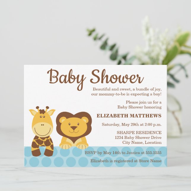 Invitation Baby shower de girafe et de lions (Debout devant)